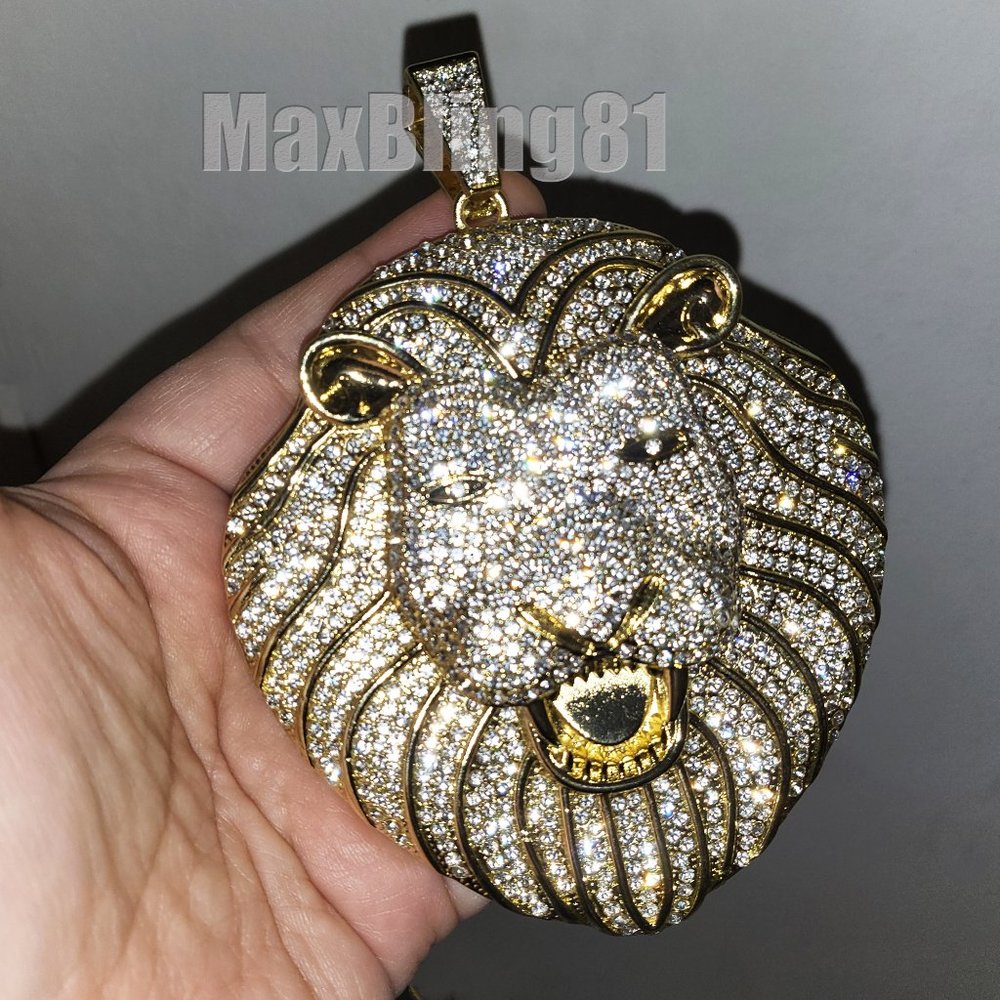 HIP HOP JEWELRY ICED LAB DIAMOND JUMBO SIZE LION HEAD BLING RAPPER CHARM PENDANT